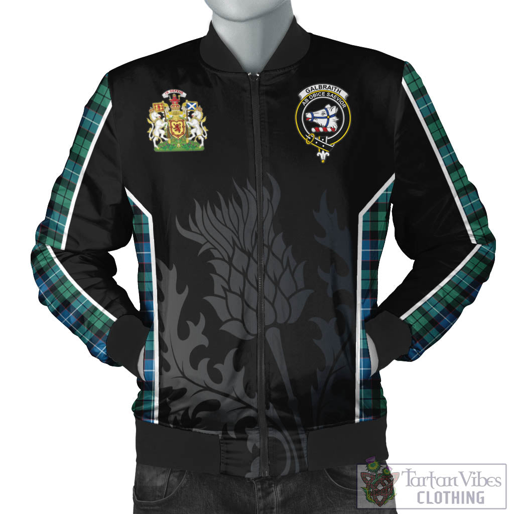 Tartan Vibes Clothing Galbraith Ancient Tartan Bomber Jacket with Family Crest and Scottish Thistle Vibes Sport Style