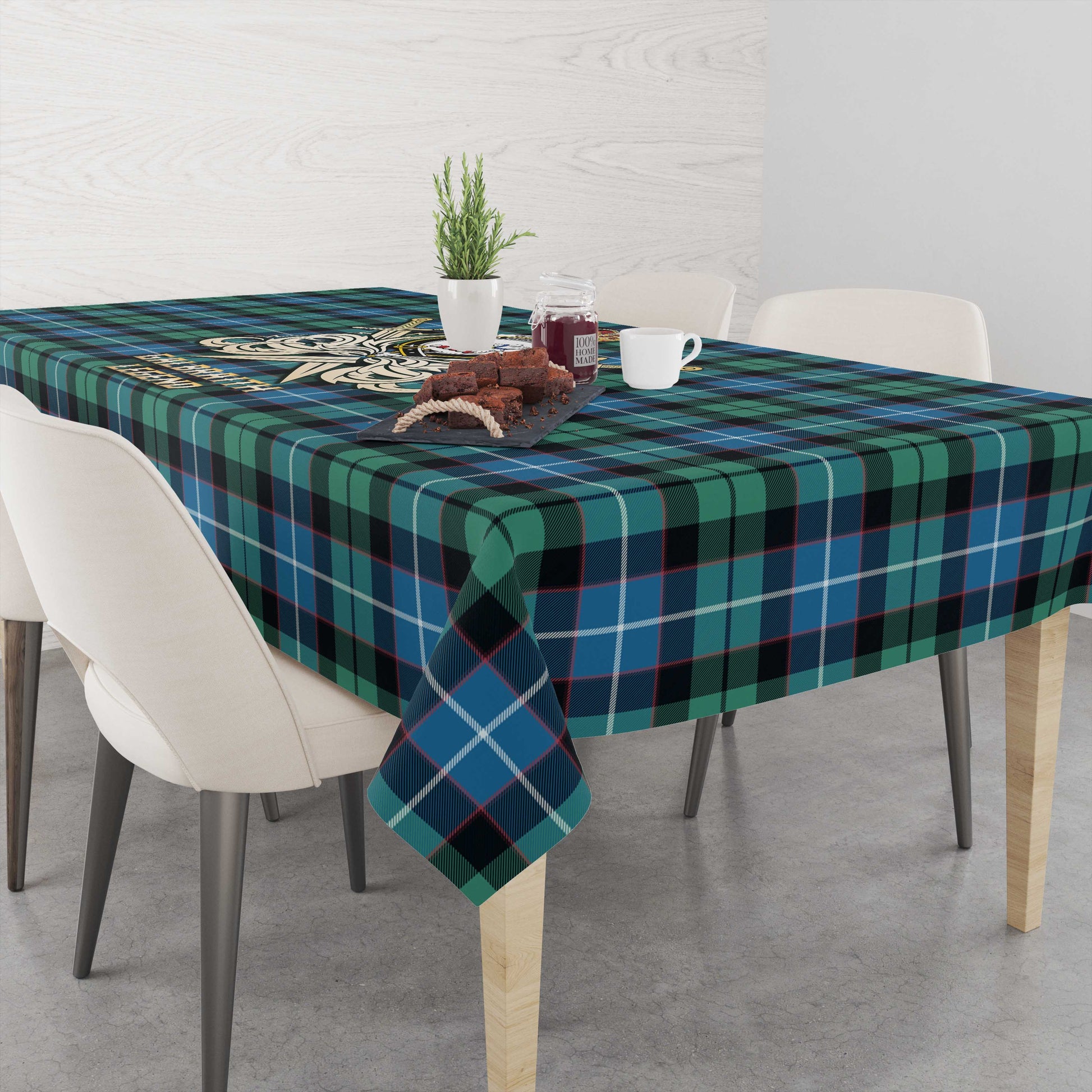 Tartan Vibes Clothing Galbraith Ancient Tartan Tablecloth with Clan Crest and the Golden Sword of Courageous Legacy