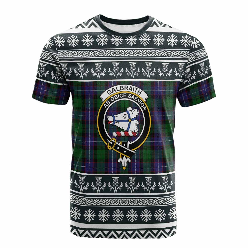 Galbraith Clan Tartan Christmas Cotton T-shirt with Family Crest - Tartan Vibes Clothing