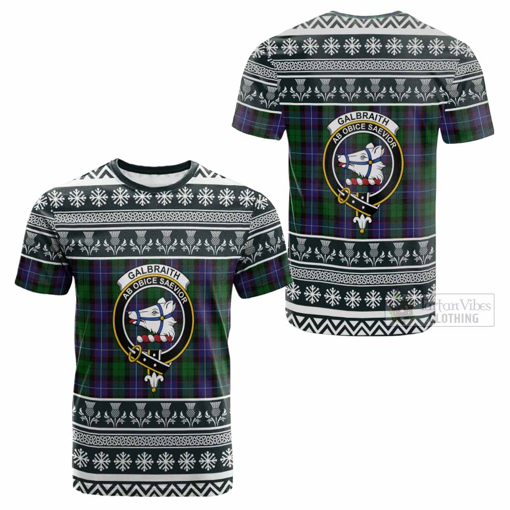 Galbraith Clan Tartan Christmas Cotton T-shirt with Family Crest - Tartan Vibes Clothing