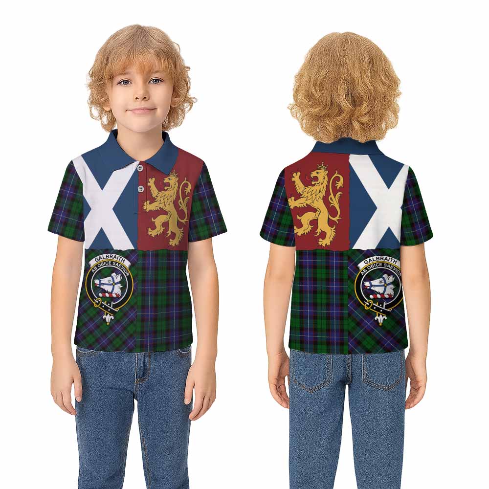 Galbraith Crest Tartan Kid Polo Shirt with Lion Rampant Saltire Style - Tartan Vibes Clothing