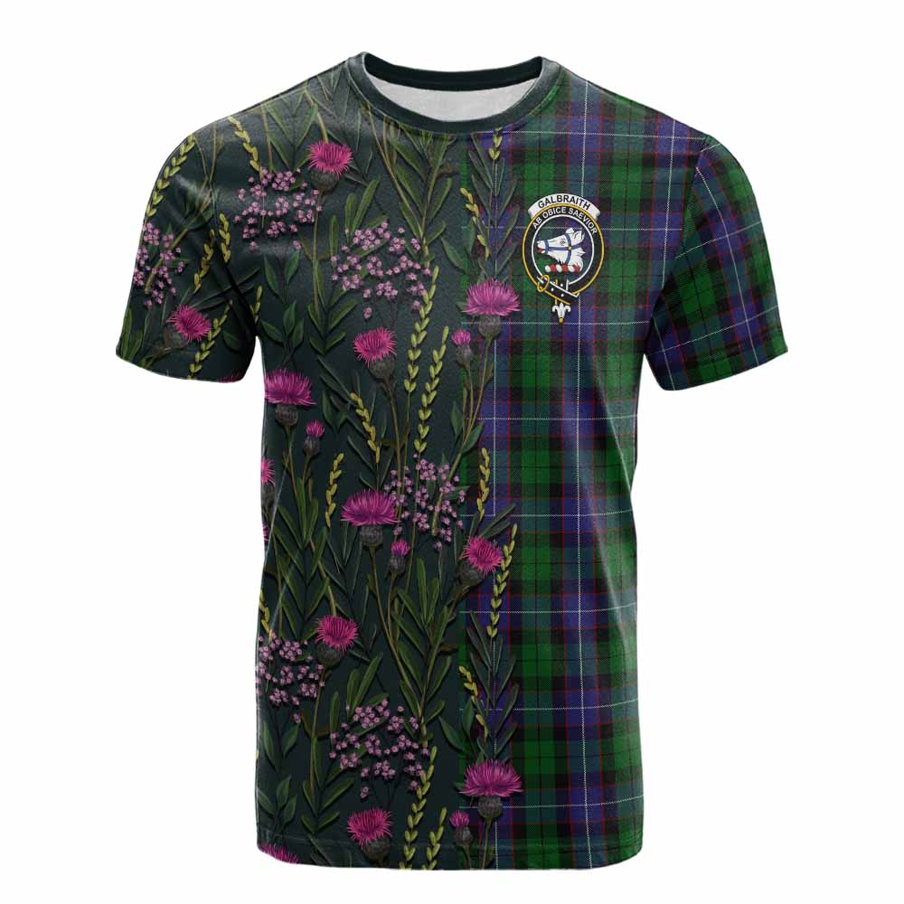 Galbraith Family Crest Tartan Cotton T-shirt Scottish Thistle Flower Pattern Half Style - Tartan Vibes Clothing