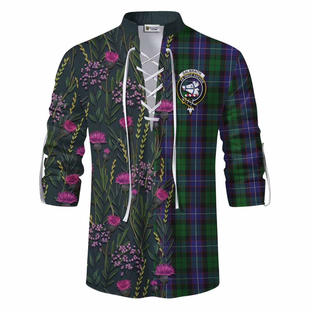 Galbraith Family Crest Tartan Ghillie Shirt Scottish Thistle Flower Pattern Half Style - Tartan Vibes Clothing