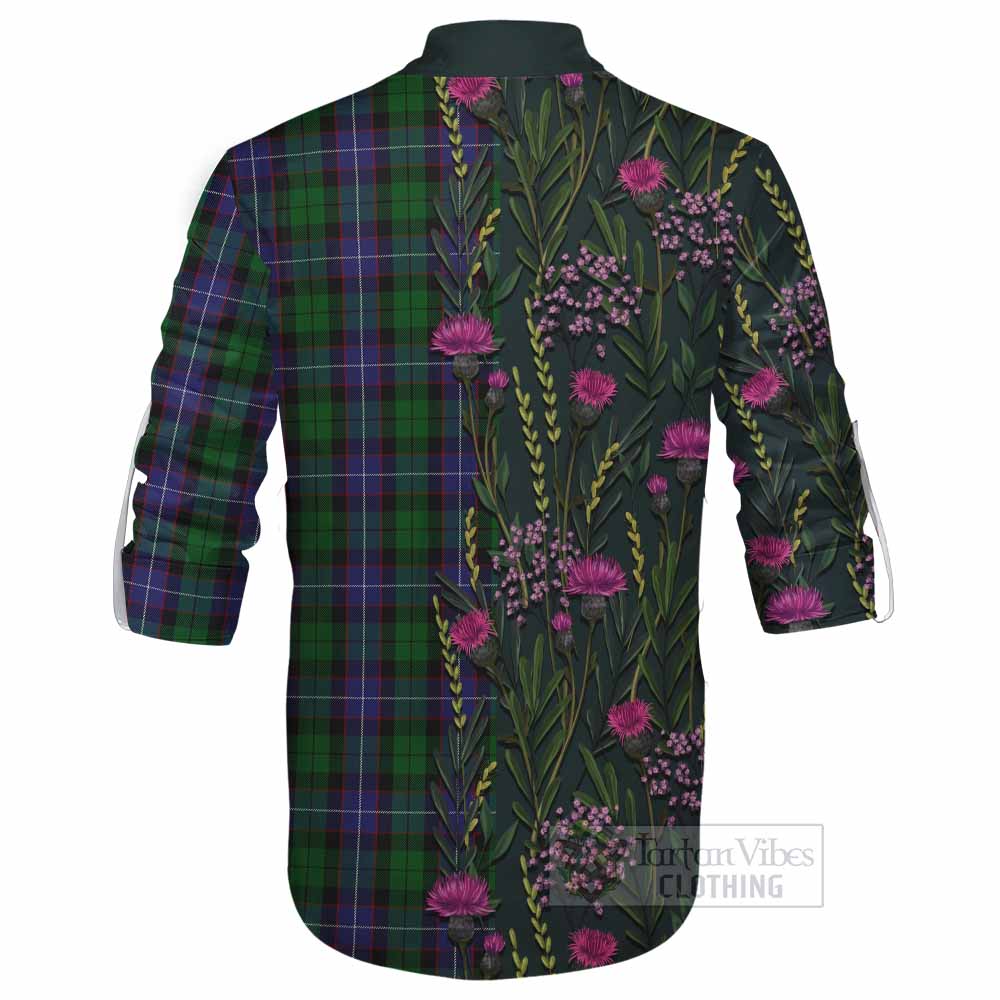 Galbraith Family Crest Tartan Ghillie Shirt Scottish Thistle Flower Pattern Half Style - Tartan Vibes Clothing