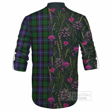 Galbraith Family Crest Tartan Ghillie Shirt Scottish Thistle Flower Pattern Half Style