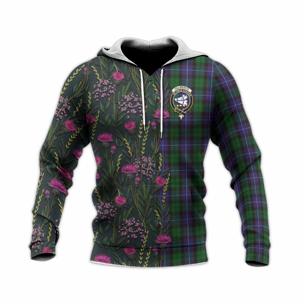 Galbraith Family Crest Tartan Knitted Hoodie Scottish Thistle Flower Pattern Half Style - Tartan Vibes Clothing