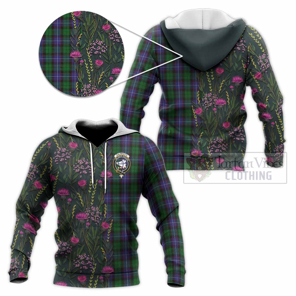 Galbraith Family Crest Tartan Knitted Hoodie Scottish Thistle Flower Pattern Half Style - Tartan Vibes Clothing