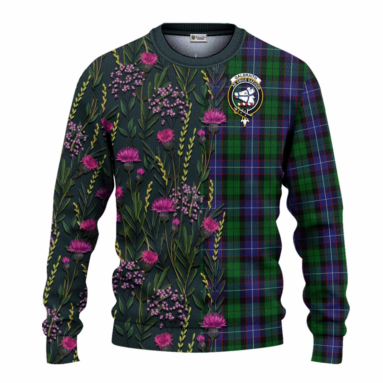 Galbraith Family Crest Tartan Knitted Sweater Scottish Thistle Flower Pattern Half Style - Tartan Vibes Clothing