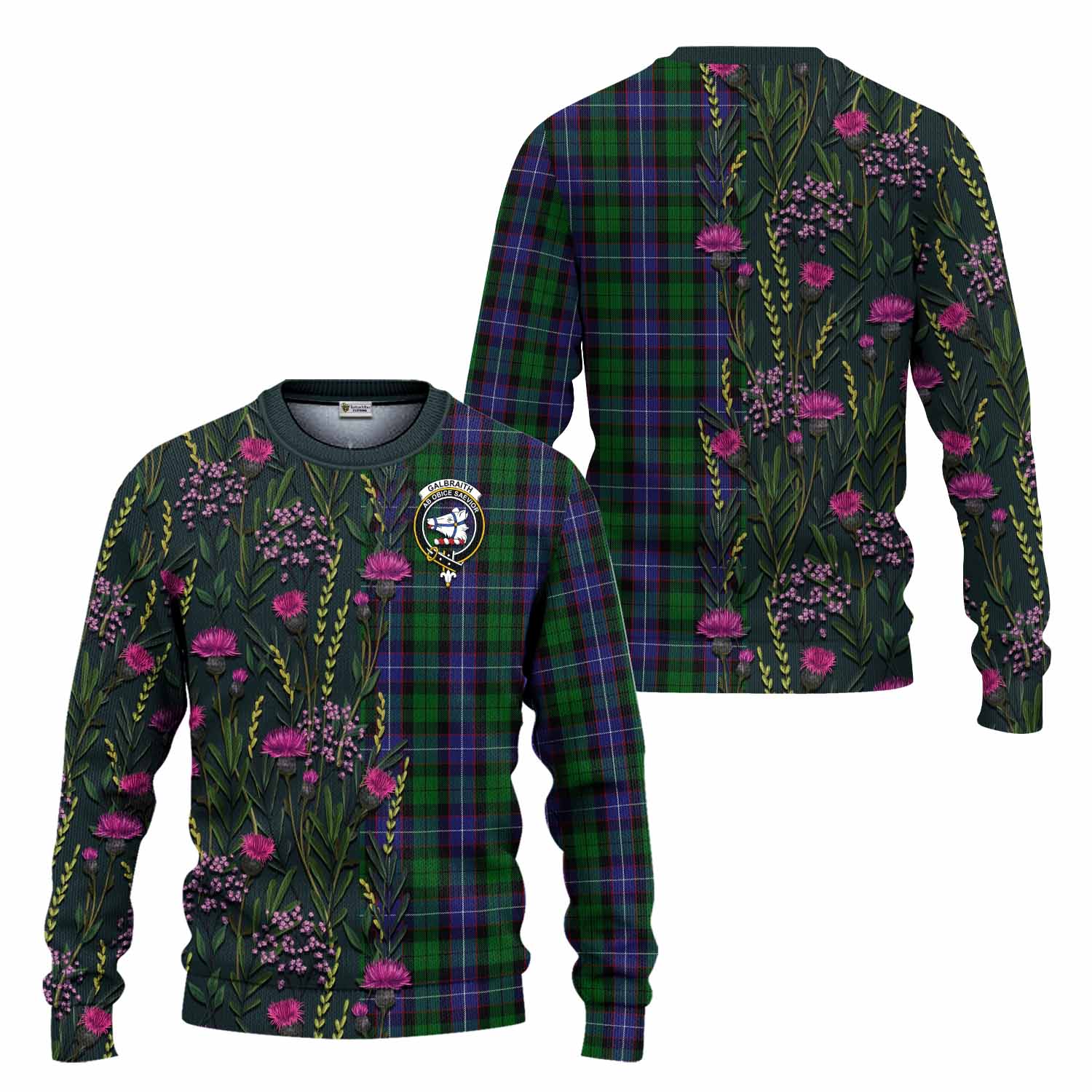 Galbraith Family Crest Tartan Knitted Sweater Scottish Thistle Flower Pattern Half Style - Tartan Vibes Clothing