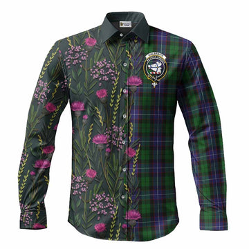 Galbraith Family Crest Tartan Long Sleeve Button Shirts Scottish Thistle Flower Pattern Half Style