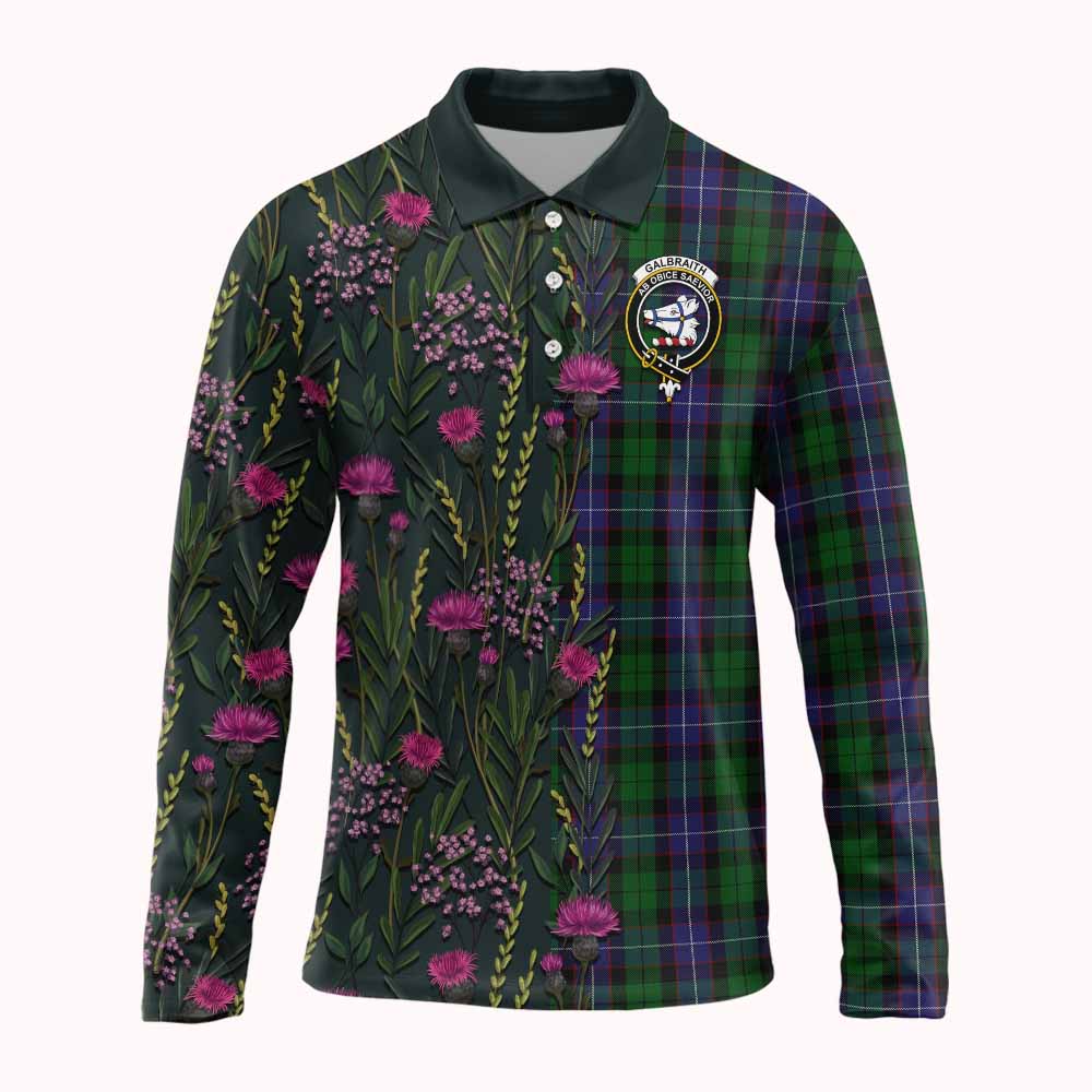 Galbraith Family Crest Tartan Long Sleeve Polo Shirt Scottish Thistle Flower Pattern Half Style - Tartan Vibes Clothing