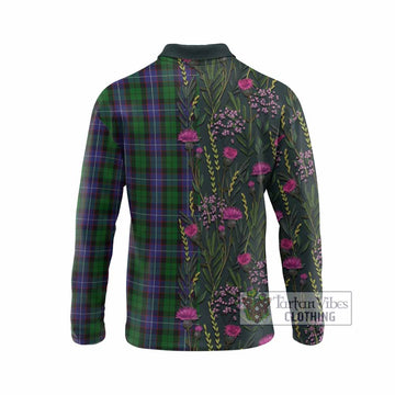 Galbraith Family Crest Tartan Long Sleeve Polo Shirt Scottish Thistle Flower Pattern Half Style