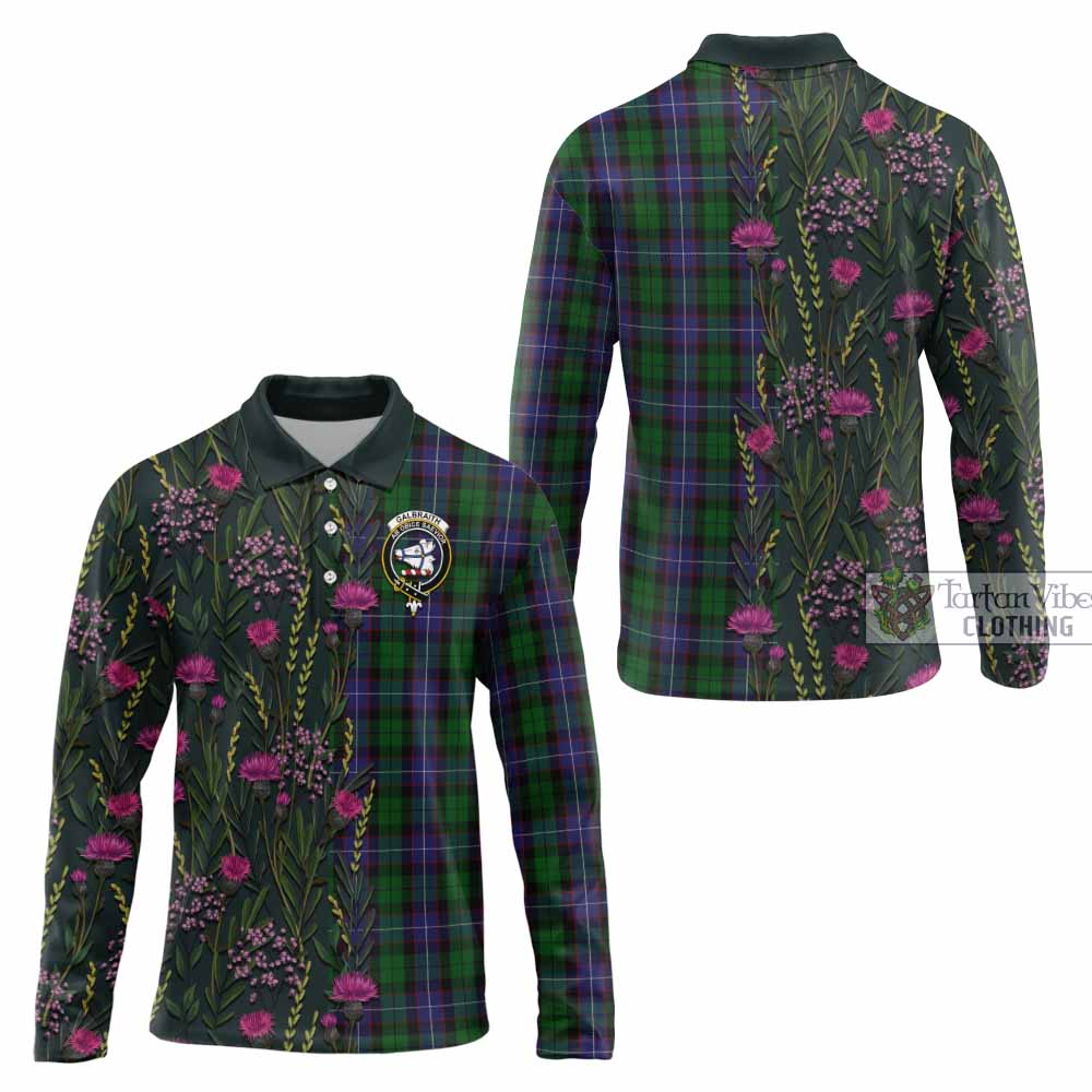 Galbraith Family Crest Tartan Long Sleeve Polo Shirt Scottish Thistle Flower Pattern Half Style - Tartan Vibes Clothing