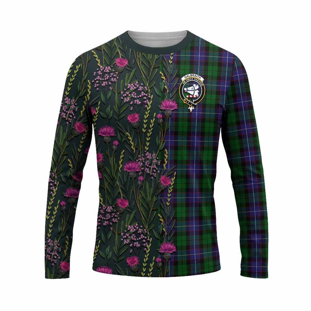 Galbraith Family Crest Tartan Long Sleeve T-Shirt Scottish Thistle Flower Pattern Half Style - Tartan Vibes Clothing