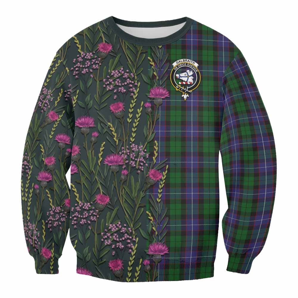 Galbraith Family Crest Tartan Sweatshirt Scottish Thistle Flower Pattern Half Style - Tartan Vibes Clothing