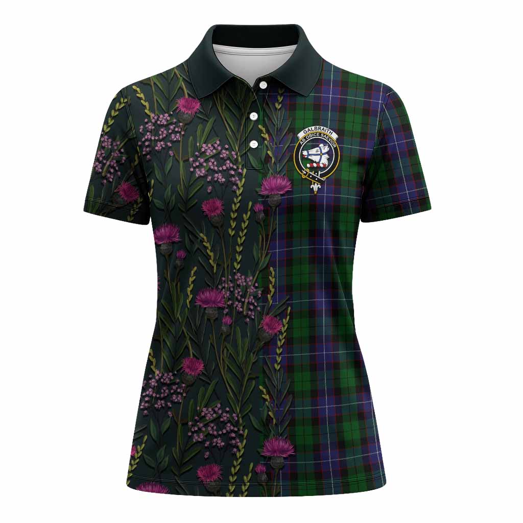 Galbraith Family Crest Tartan Women Polo Shirt Scottish Thistle Flower Pattern Half Style - Tartan Vibes Clothing