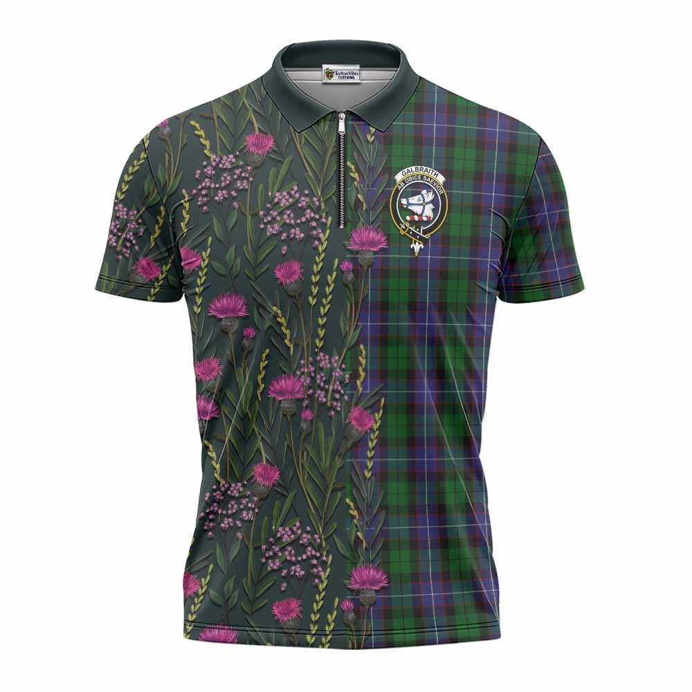 Galbraith Family Crest Tartan Zipper Polo Shirt Scottish Thistle Flower Pattern Half Style - Tartan Vibes Clothing