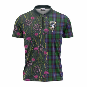 Galbraith Family Crest Tartan Zipper Polo Shirt Scottish Thistle Flower Pattern Half Style