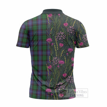 Galbraith Family Crest Tartan Zipper Polo Shirt Scottish Thistle Flower Pattern Half Style