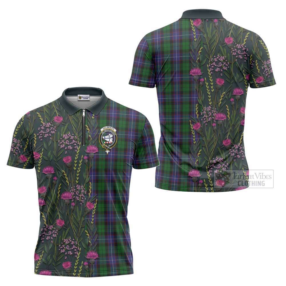 Galbraith Family Crest Tartan Zipper Polo Shirt Scottish Thistle Flower Pattern Half Style - Tartan Vibes Clothing