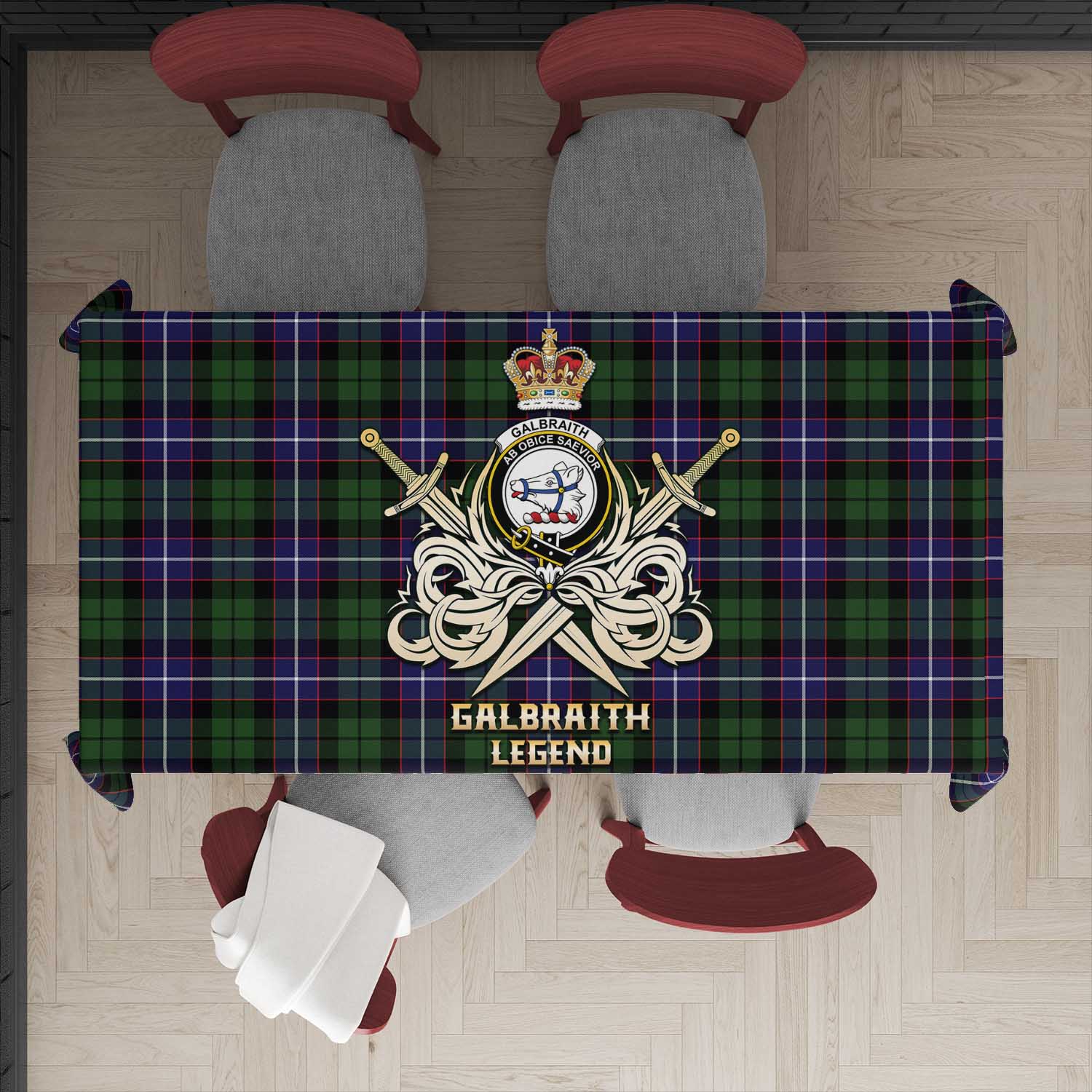 Tartan Vibes Clothing Galbraith Modern Tartan Tablecloth with Clan Crest and the Golden Sword of Courageous Legacy