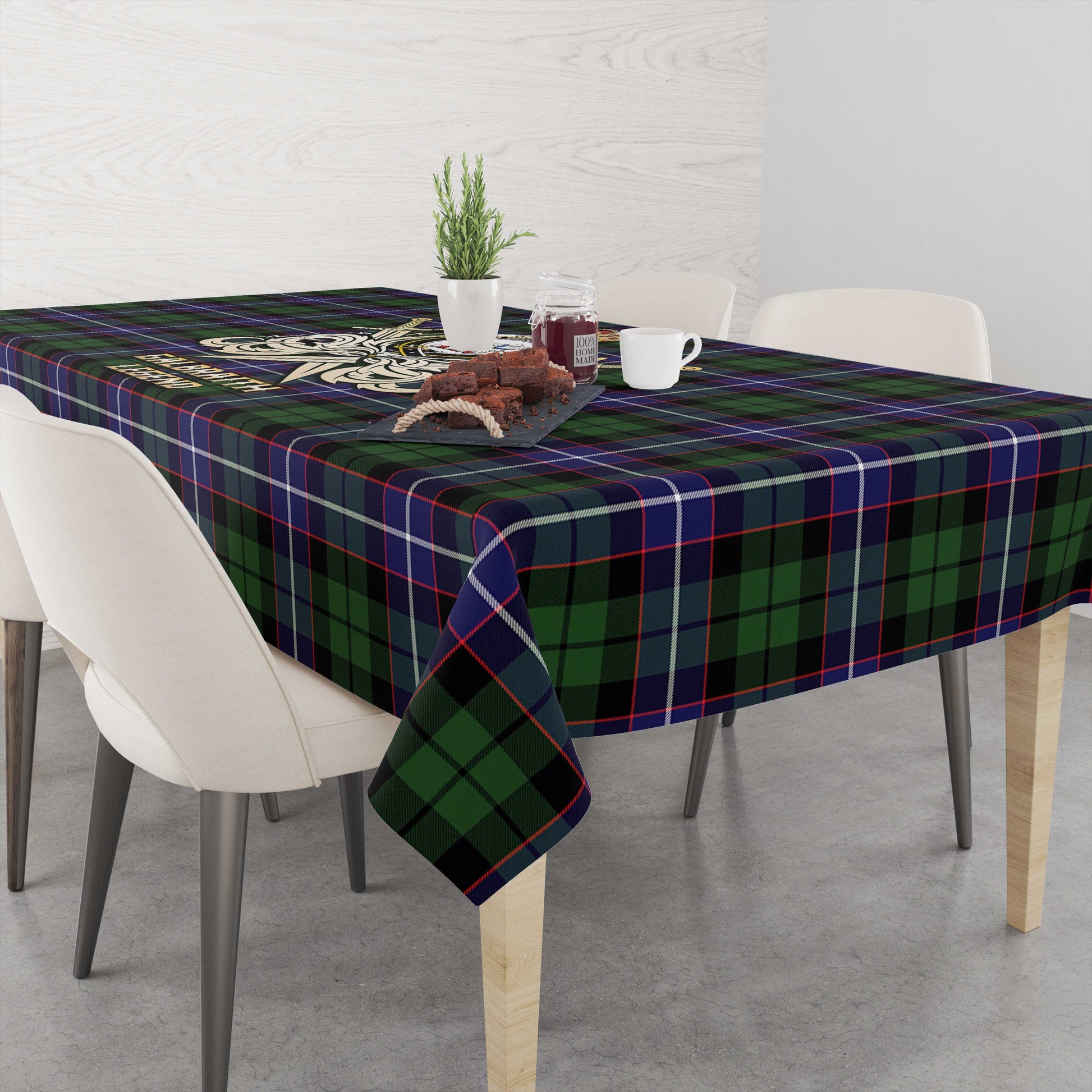 Tartan Vibes Clothing Galbraith Modern Tartan Tablecloth with Clan Crest and the Golden Sword of Courageous Legacy