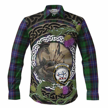 Galbraith Tartan Crest Bagpipe Nessie Long Sleeve Button Shirts Scottish Loch Ness Monster Celtic Thistle