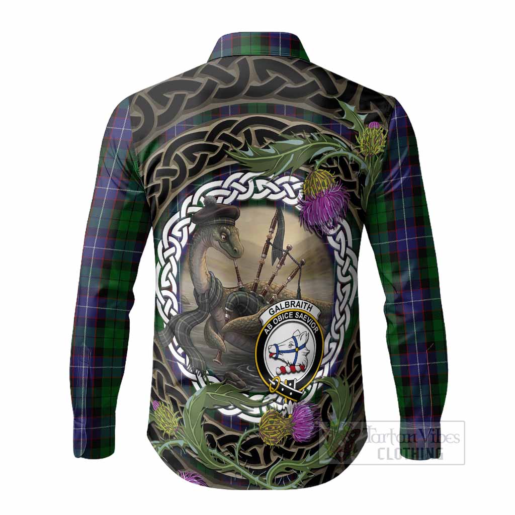 Galbraith Tartan Crest Bagpipe Nessie Long Sleeve Button Shirts Scottish Loch Ness Monster Celtic Thistle