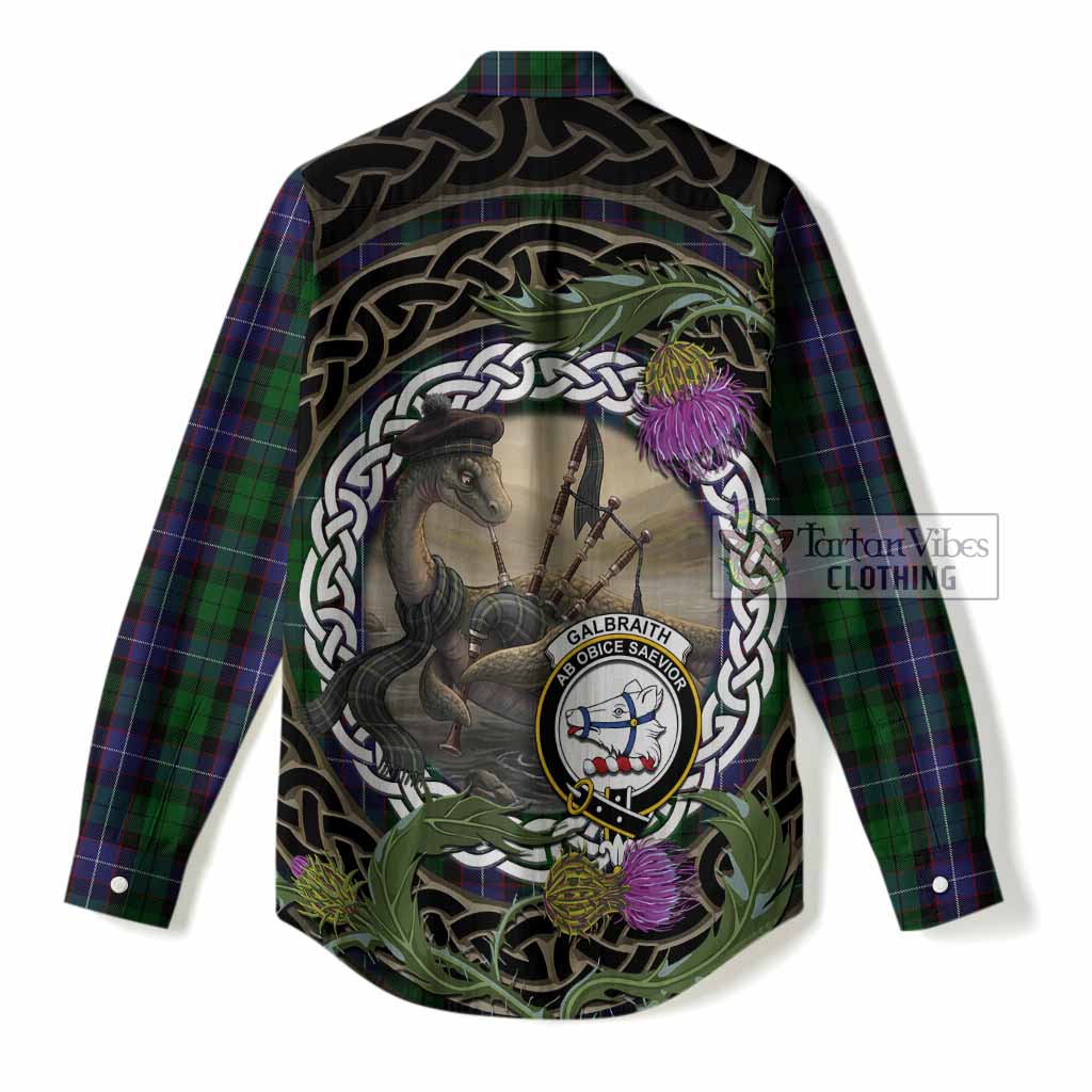 Galbraith Tartan Crest Bagpipe Nessie Women Casual Shirt Scottish Loch Ness Monster Celtic Thistle