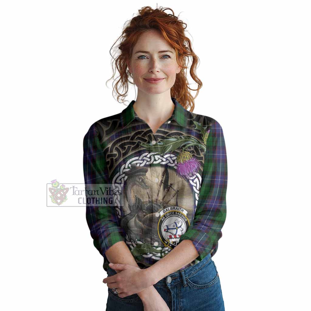 Galbraith Tartan Crest Bagpipe Nessie Women Casual Shirt Scottish Loch Ness Monster Celtic Thistle