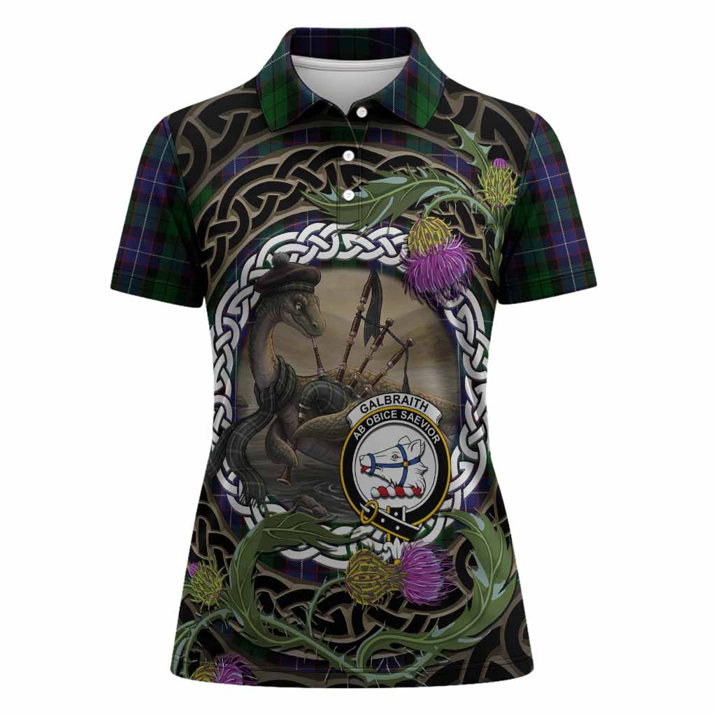 Galbraith Tartan Crest Bagpipe Nessie Women Polo Shirt Scottish Loch Ness Monster Celtic Thistle