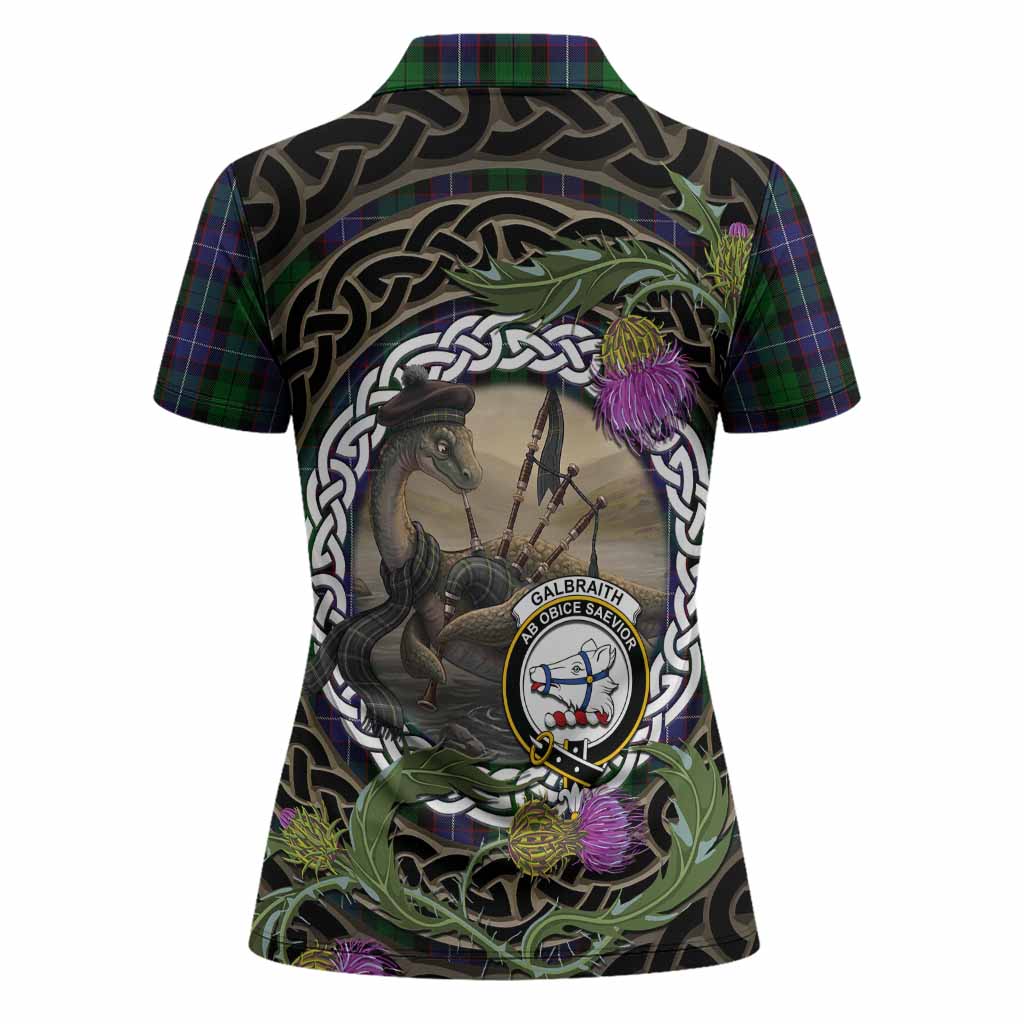 Galbraith Tartan Crest Bagpipe Nessie Women Polo Shirt Scottish Loch Ness Monster Celtic Thistle
