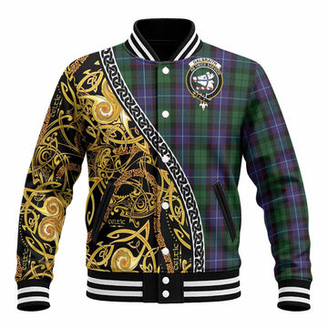 Galbraith Tartan Crest Baseball Jacket Celtic Knot and Triple Trickle Spiral Symbols