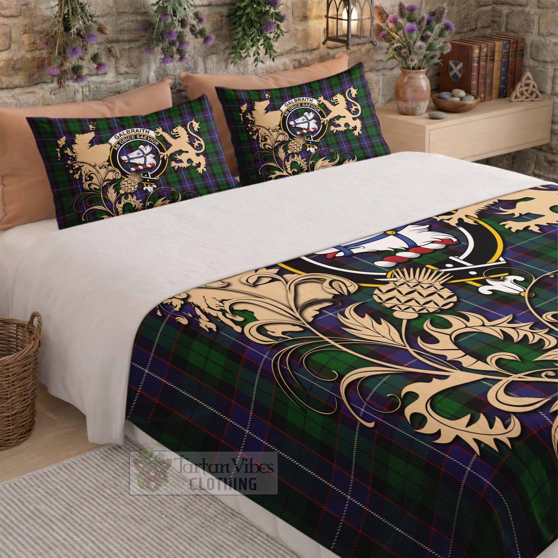 Galbraith Tartan Crest Bedding Set with Scottish Iconic Symbols 