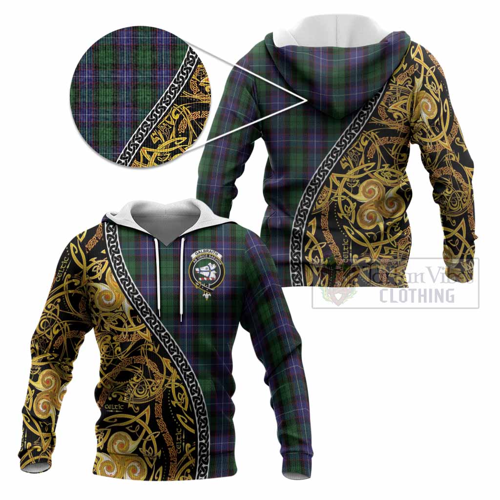 Galbraith Tartan Crest Knitted Hoodie Celtic Knot and Triple Trickle Spiral Symbols