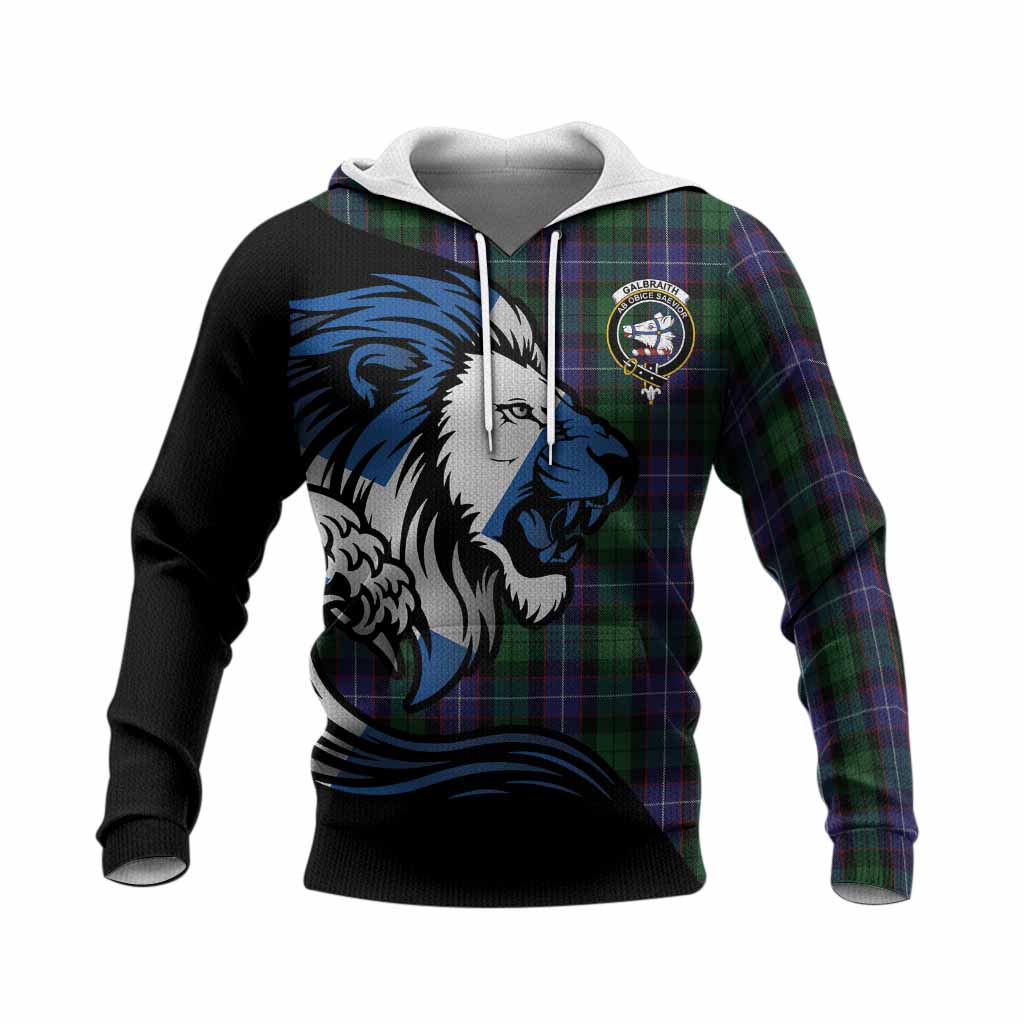 Galbraith Tartan Crest Knitted Hoodie Scottish Golden Lions Wave Flow