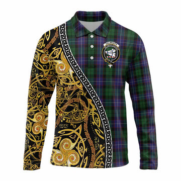 Galbraith Tartan Crest Long Sleeve Polo Shirt Celtic Knot and Triple Trickle Spiral Symbols