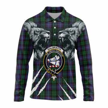 Galbraith Tartan Crest Long Sleeve Polo Shirt Ferocious Lion Style