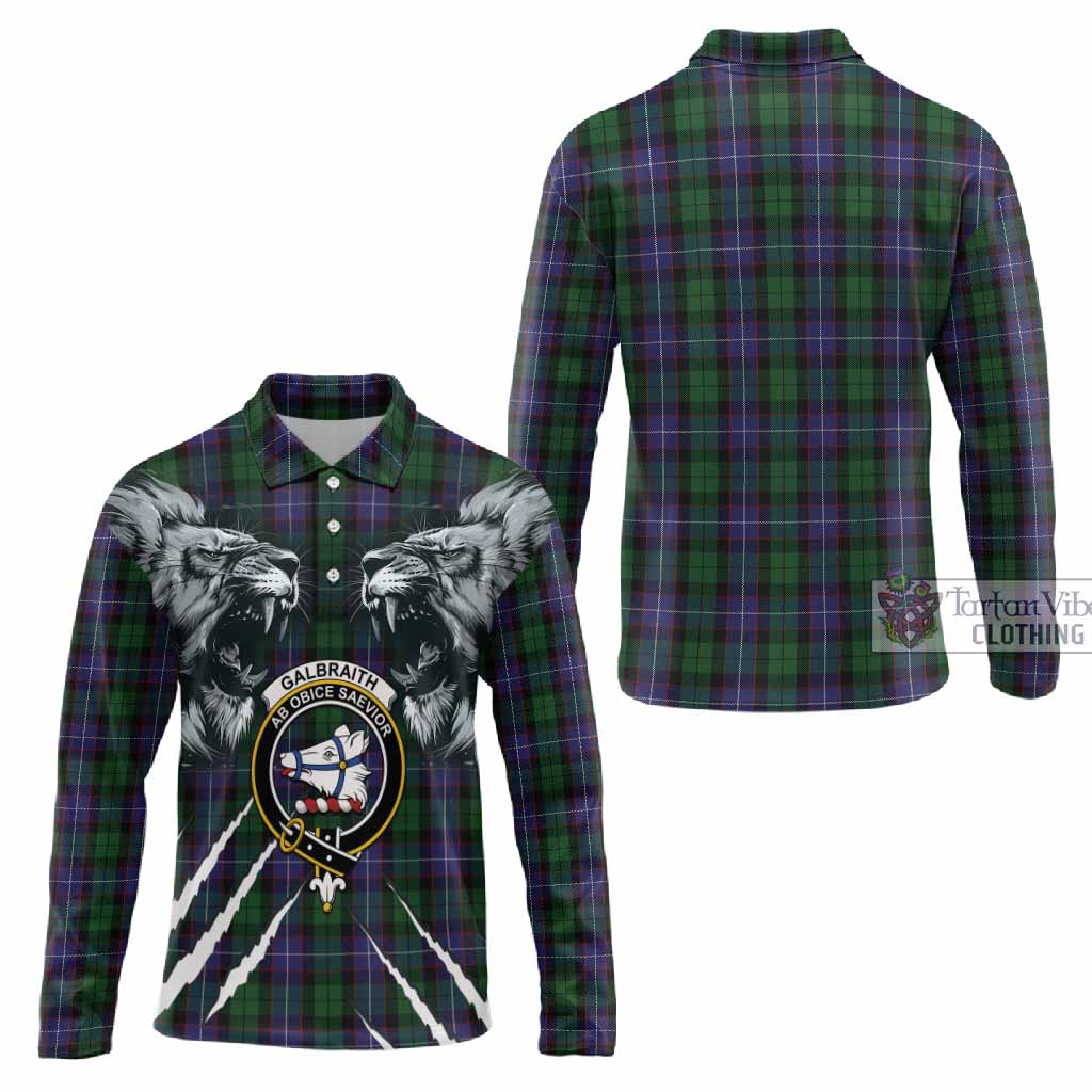 Galbraith Tartan Crest Long Sleeve Polo Shirt Ferocious Lion Style