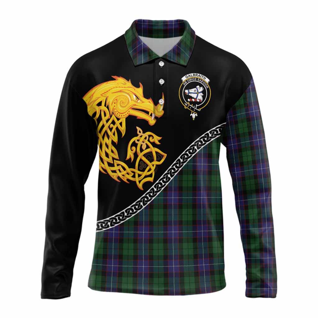 Galbraith Tartan Crest Long Sleeve Polo Shirt Legendary Dragon Knot Half Style