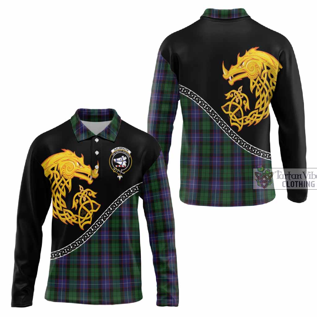 Galbraith Tartan Crest Long Sleeve Polo Shirt Legendary Dragon Knot Half Style