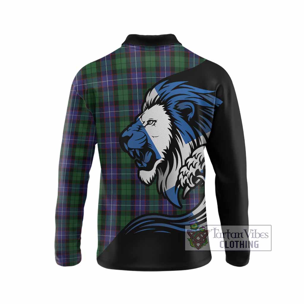 Galbraith Tartan Crest Long Sleeve Polo Shirt Scottish Golden Lions Wave Flow