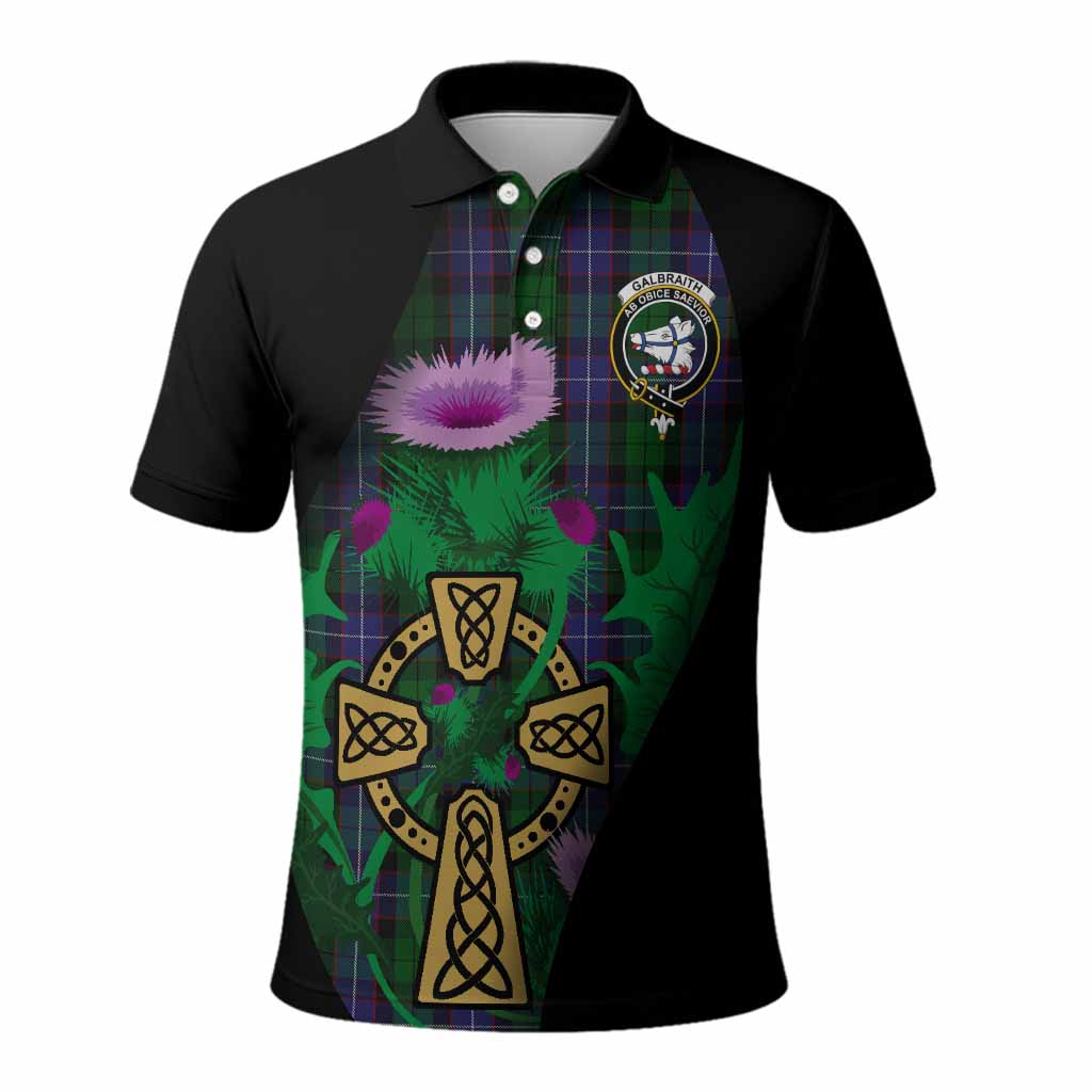 Galbraith Tartan Crest Polo Shirt Celtic Cross Thistle Flowers
