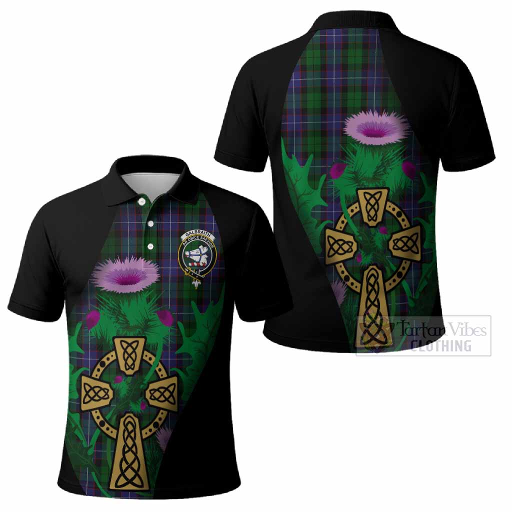 Galbraith Tartan Crest Polo Shirt Celtic Cross Thistle Flowers