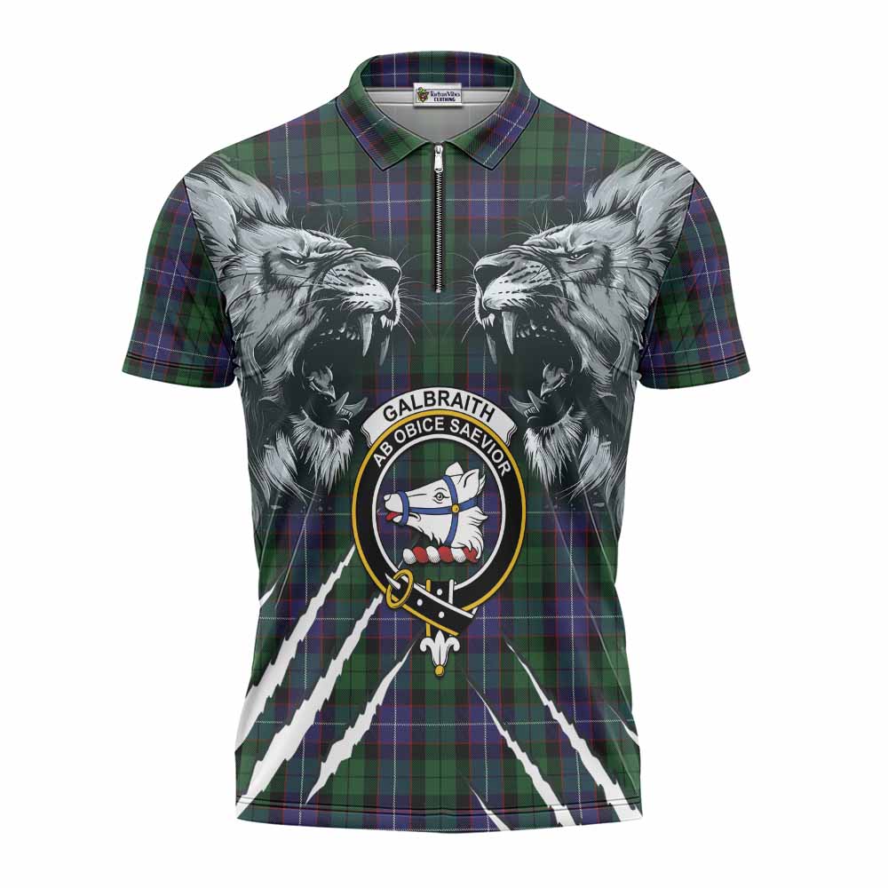 Galbraith Tartan Crest Zipper Polo Shirt Ferocious Lion Style