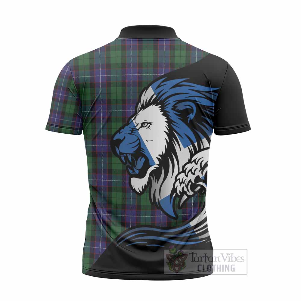 Galbraith Tartan Crest Zipper Polo Shirt Scottish Golden Lions Wave Flow