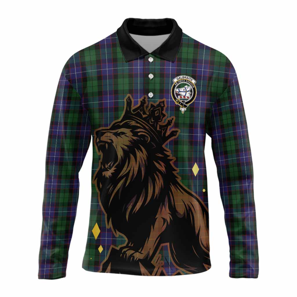 Galbraith Tartan Family Crest Long Sleeve Polo Shirt Crowned Lion Roaring
