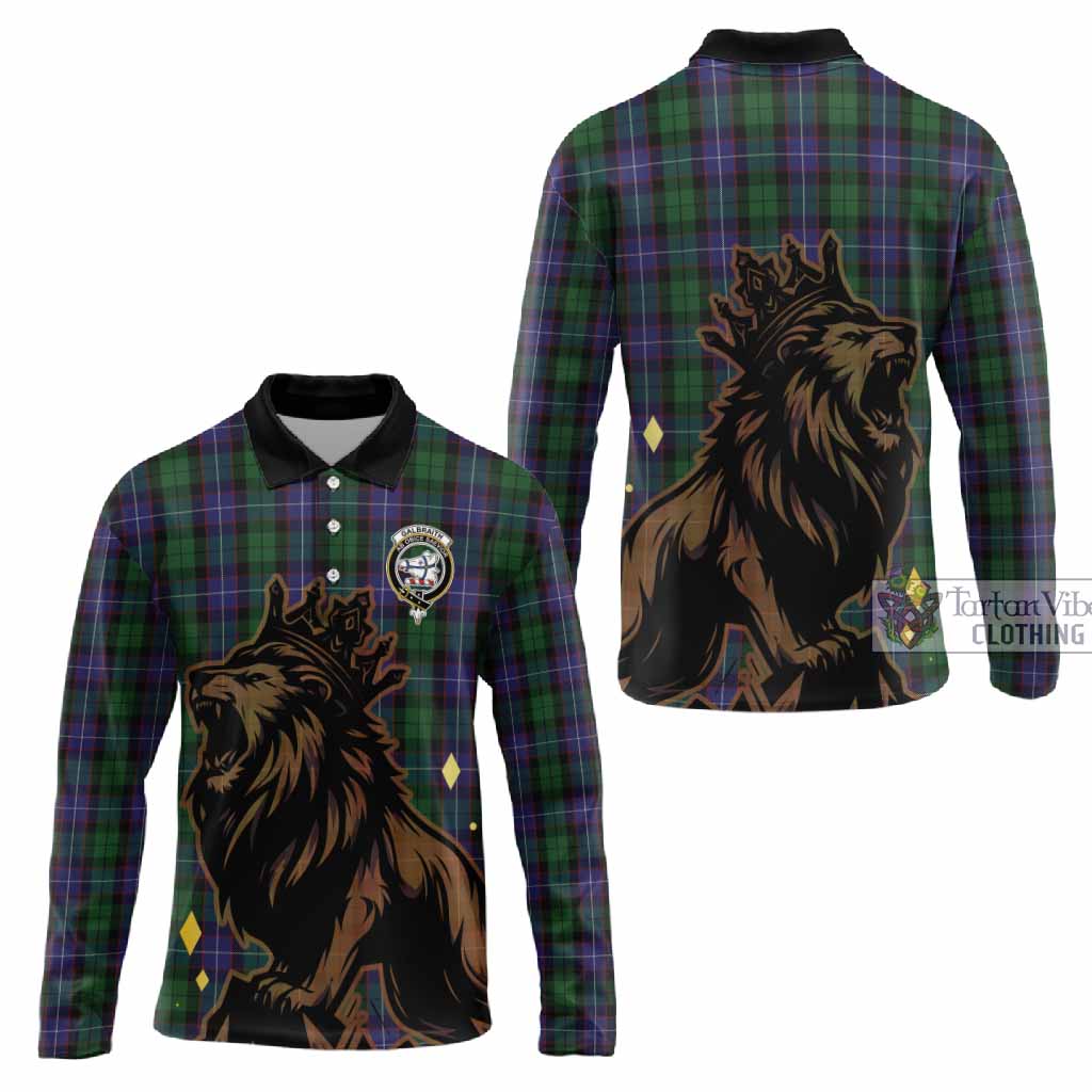 Galbraith Tartan Family Crest Long Sleeve Polo Shirt Crowned Lion Roaring