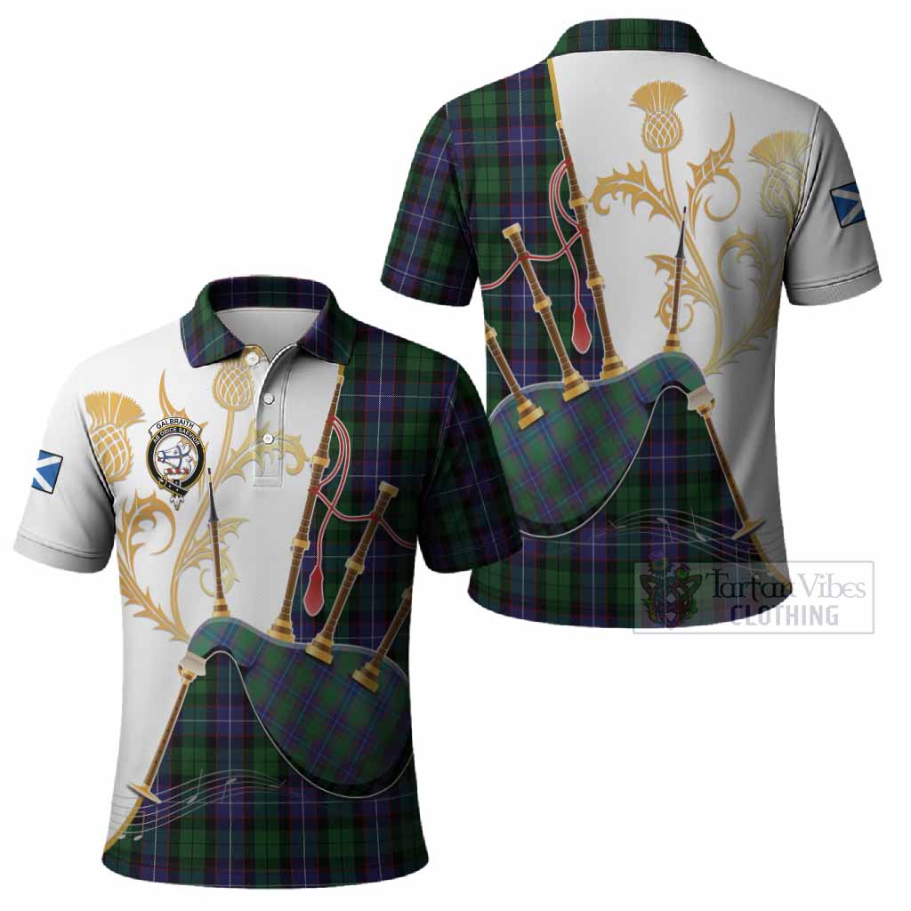 Galbraith Tartan Family Crest Polo Shirt Bagpipes with Scottish Thistle