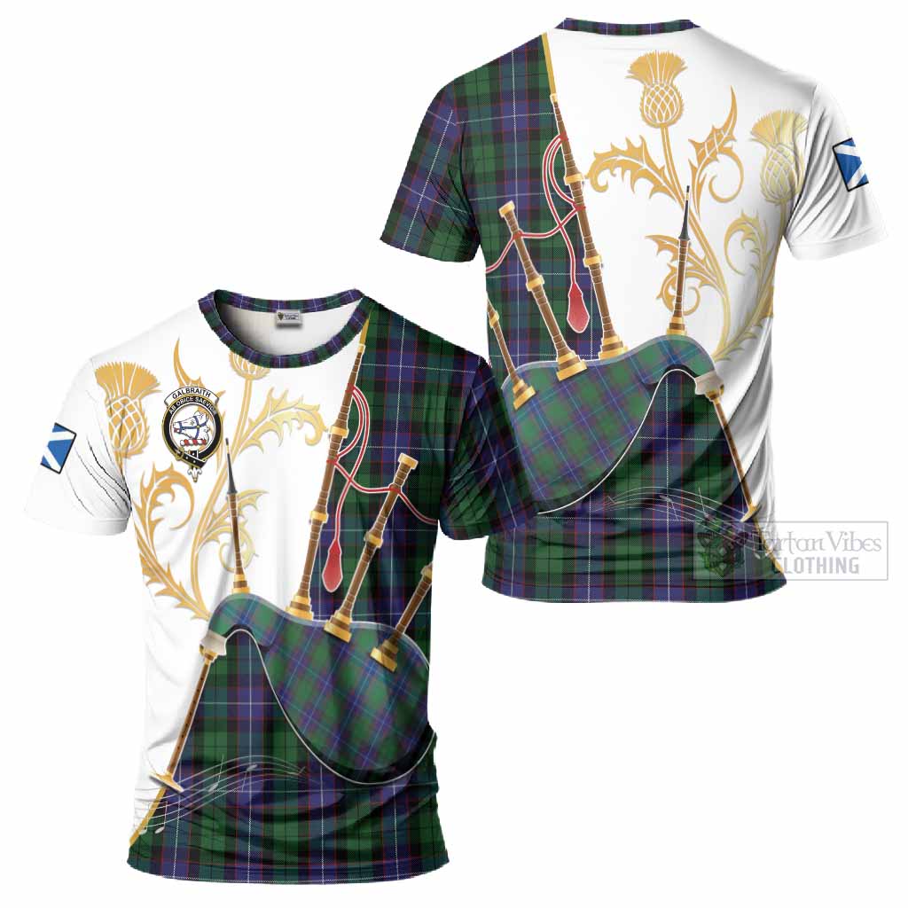 Galbraith Tartan Family Crest T-Shirt Bagpipes with Scottish Thistle